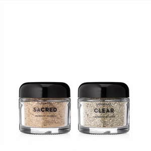 sacred and clear natural aromatic powder incense set. desert sage, french organic lavender, palo santo, sandalwood. 2 oz glass jars with amethyst crystals.