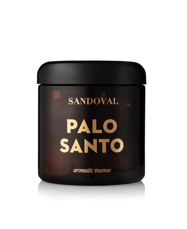 palo santo aromatic incense cones housed in a 16 oz glass jar with gold words that  say sandoval palo santo aromatic incense.