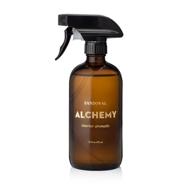 Alchemy Interior Aromatic spray. Natural aromatherapy room spray, linen spray, air freshener essential oil blend of sandalwood essential oil, bergamot essential oil, geranium essential oil.16 ounce amber glass bottle.