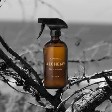 Alchemy Interior Aromatic spray. Natural aromatherapy room spray, linen spray, air freshener shot on location in malibu california.