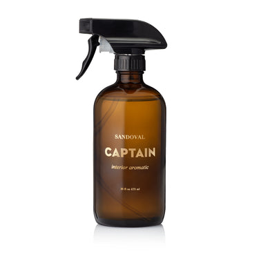 captain interior aromatic spray.aromatherapy room spray,linen spray, air freshener essential oil blend of sandalwood,bay rum,lavender essential oil.black glass 16 ounce bottle 