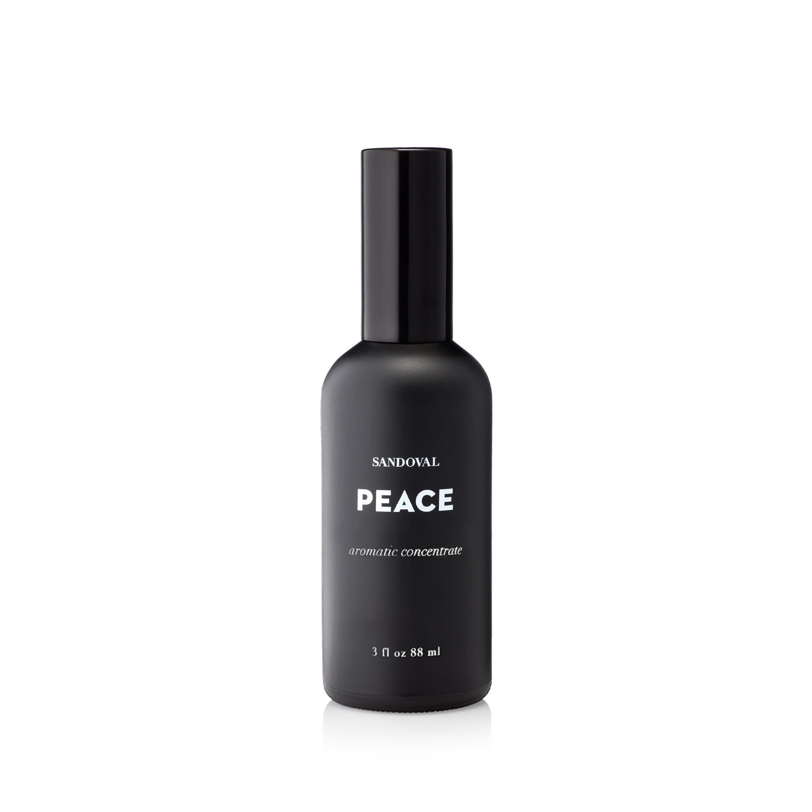 peace aromatic concentrate spray. personal fragrance,natural aromatherapy spray, linen spray, air freshener essential oil blend of patchouli essential oil, sandalwood essential oil, frankincense essential oil, palo santo essential oil. Housed in a black glass 3 ounce bottle with a fine atomizer spray cap. made in california. california fragrance