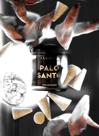 palo santo aromatic incense amber glass jar printed with gold and palo santo natural incense cones scanned with magnolia leaves