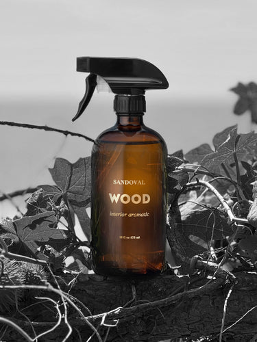 Wood interior aromatic spray,air freshener of cedarwood,lavender,fir needle essential oils.black glass 16 ounce bottle Malibu California