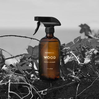 Wood interior aromatic spray,air freshener of cedarwood,lavender,fir needle essential oils.black glass 16 ounce bottle Malibu California