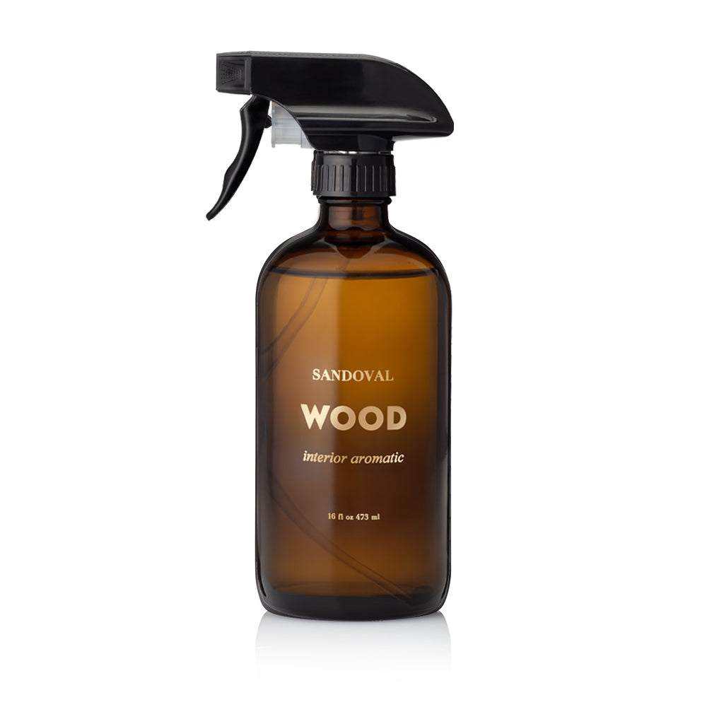 Wood interior aromatic room spray, linen spray, air freshener.cedarwood, lavender,fir needle essential oil. amber glass 16 ounce bottle.