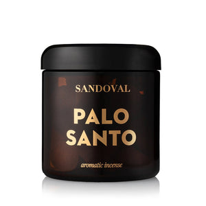 palo santo aromatic incense cones housed in a 16 oz glass jar with gold words that  say sandoval palo santo aromatic incense.